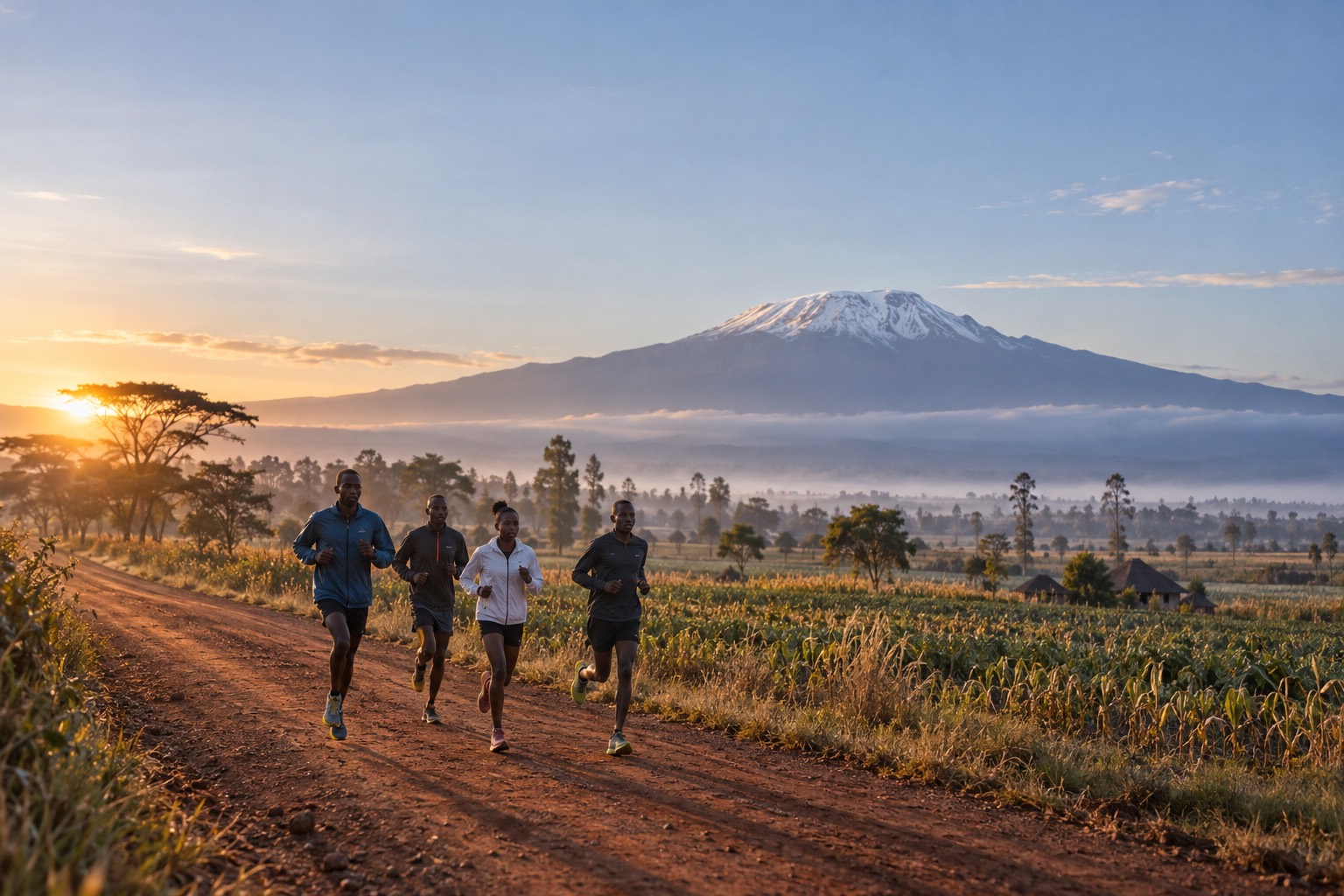 Runners on a red dirt road at dawn with Mount Kilimanjaro behind