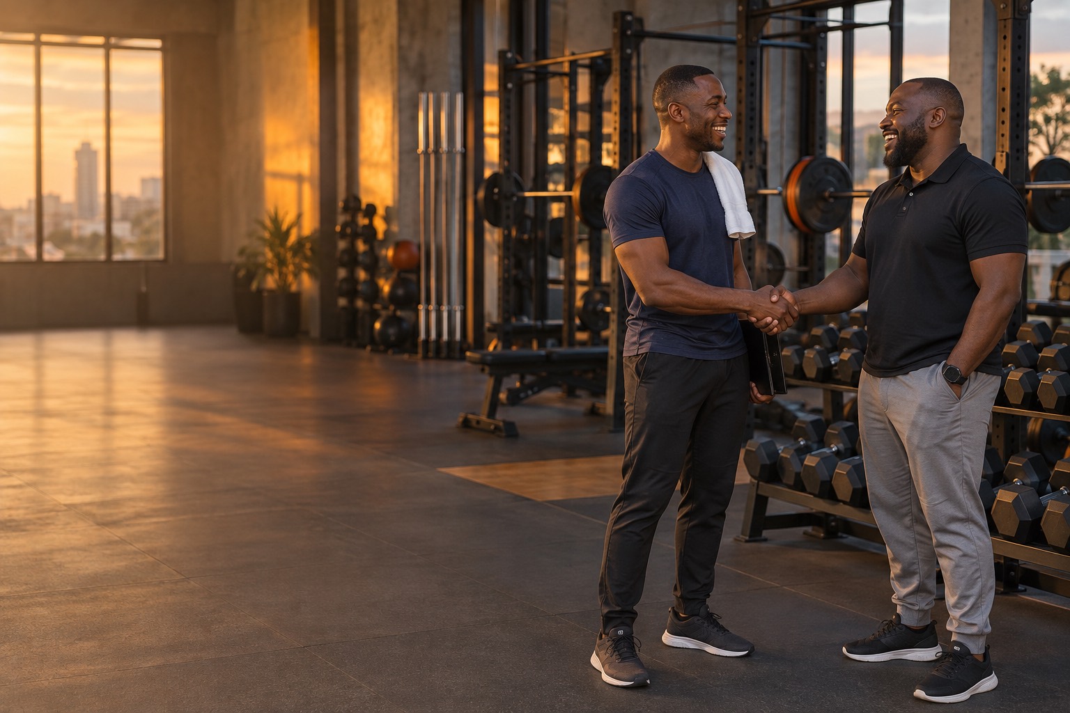 A fitness consultant and a gym owner shaking hands inside a gym