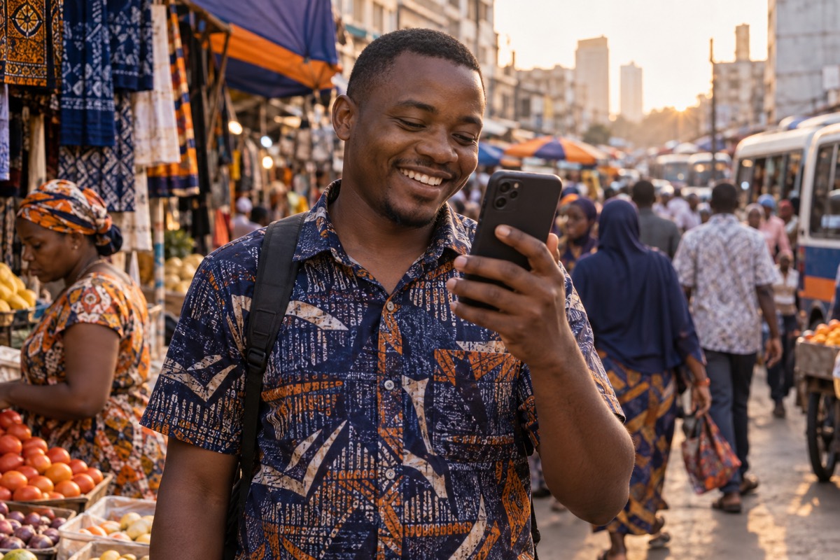 A man smiling at his phone on a busy market street after receiving a payment