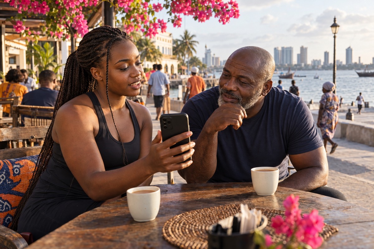 A trainer showing a gym owner something on her phone at a café