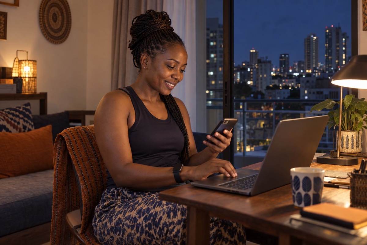 A fitness consultant signing up on her laptop at home in the evening