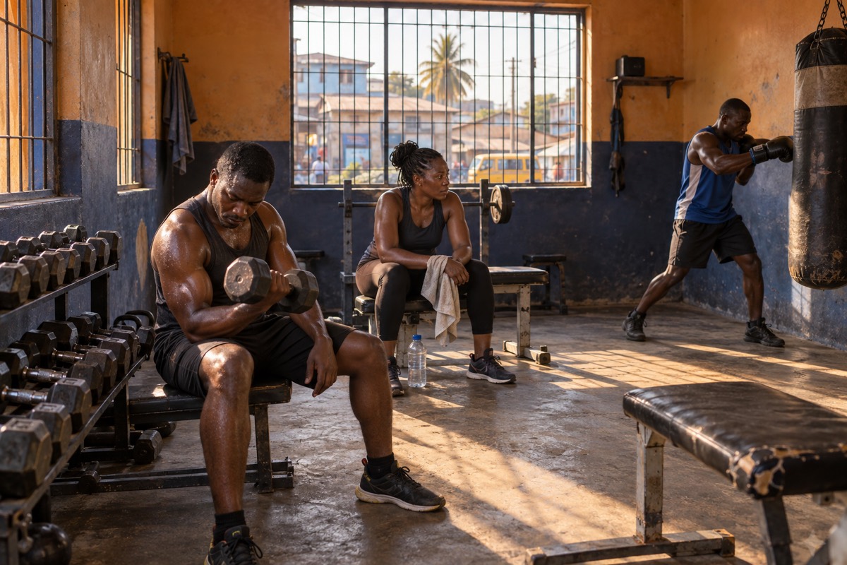 A small neighbourhood gym with a few members training