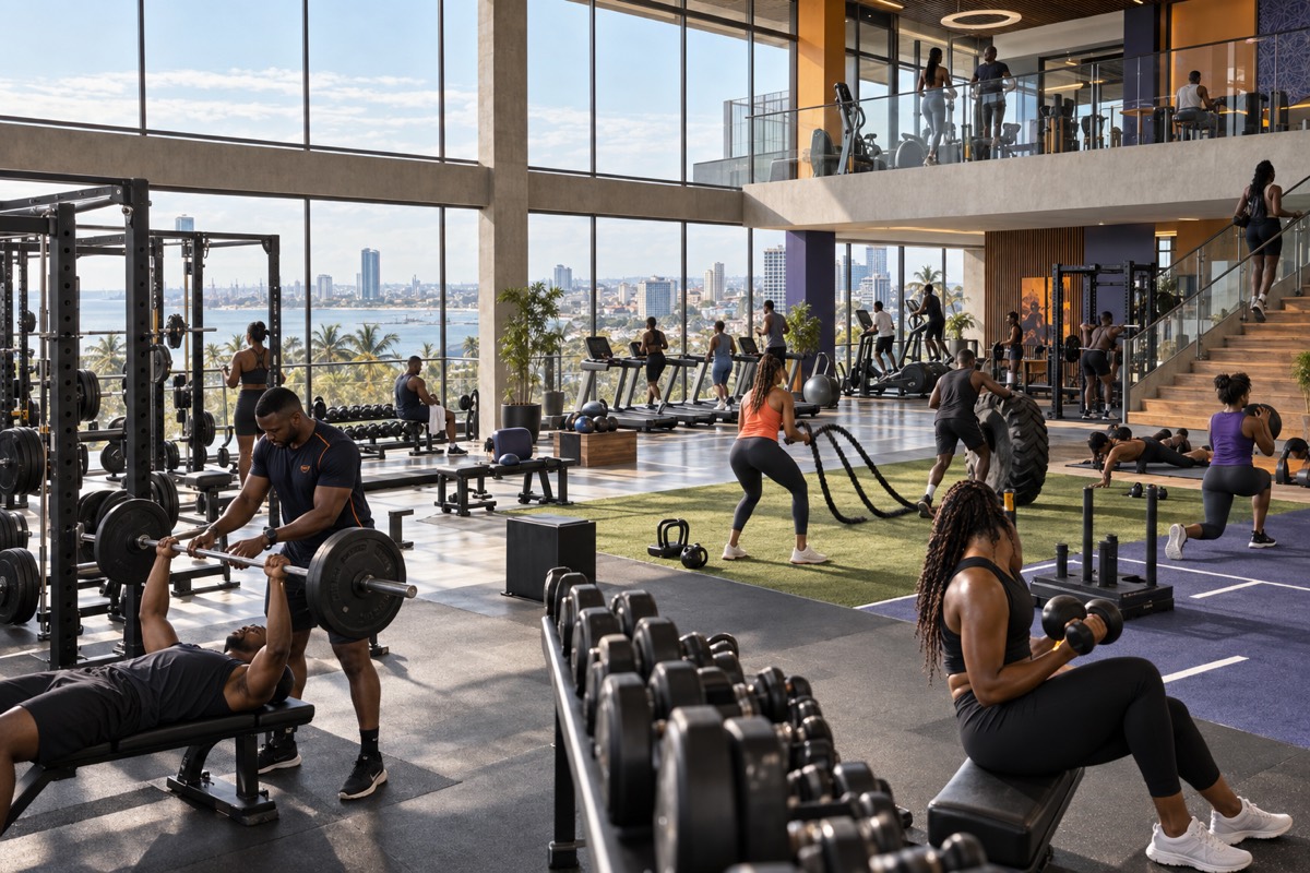 A large modern fitness centre with glass walls overlooking the city