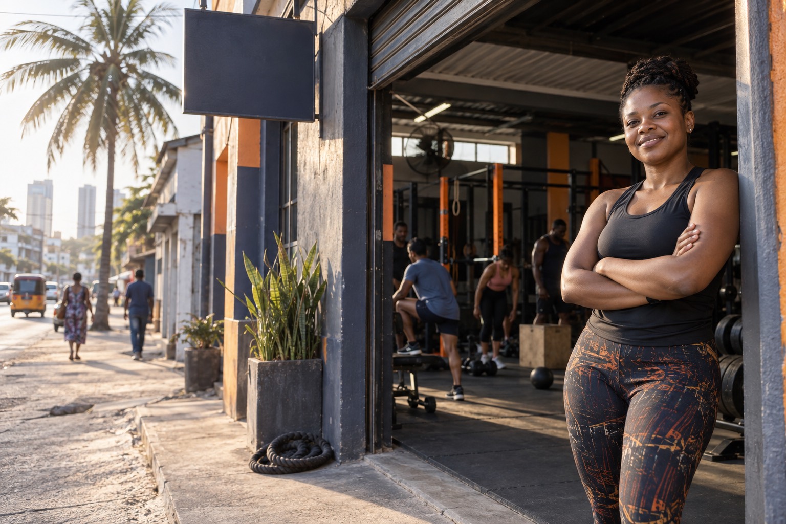Gym owner standing at the entrance of her gym in Dar es Salaam in the morning