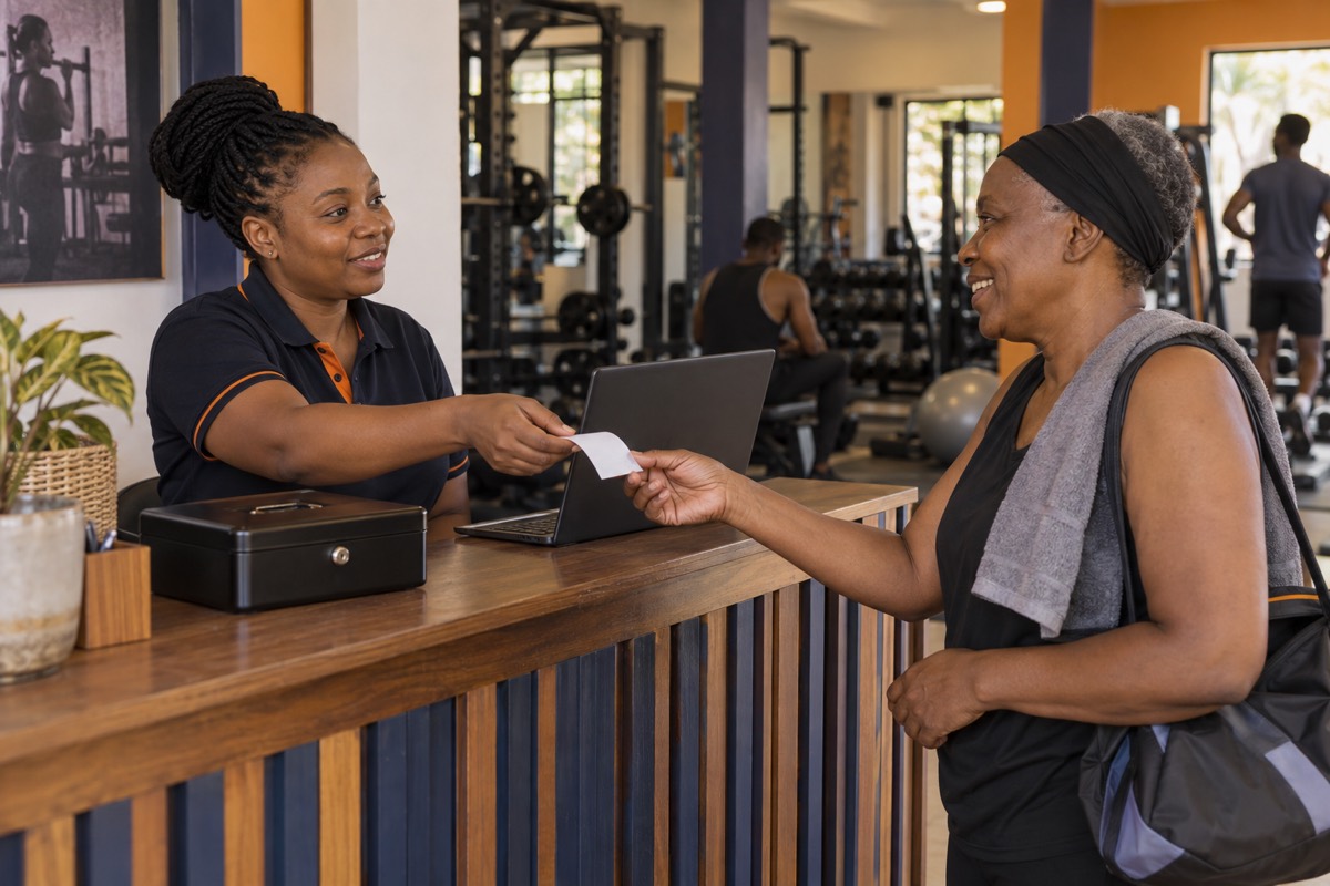 Gym manager handing a printed receipt to a member