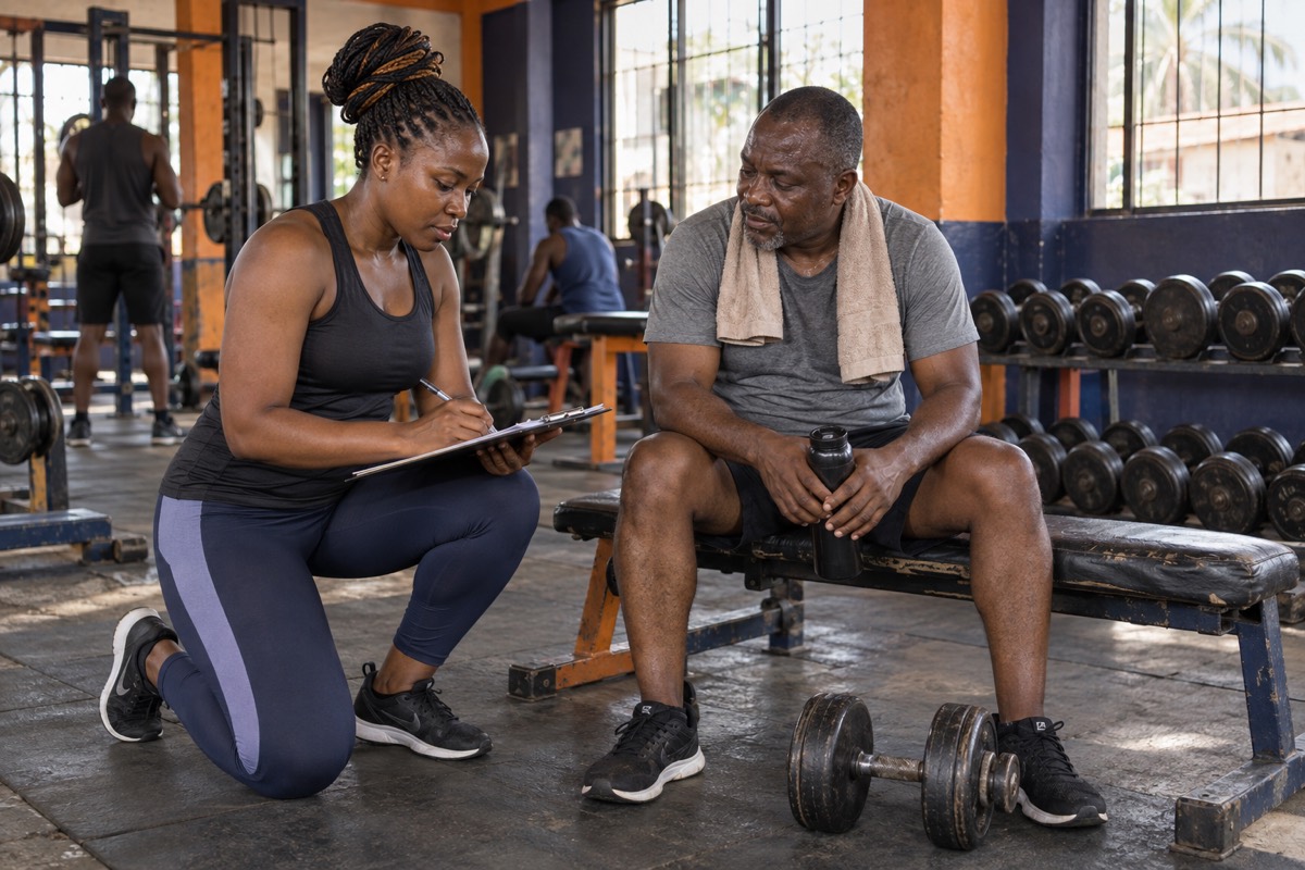 Trainer writing notes beside a member resting between sets